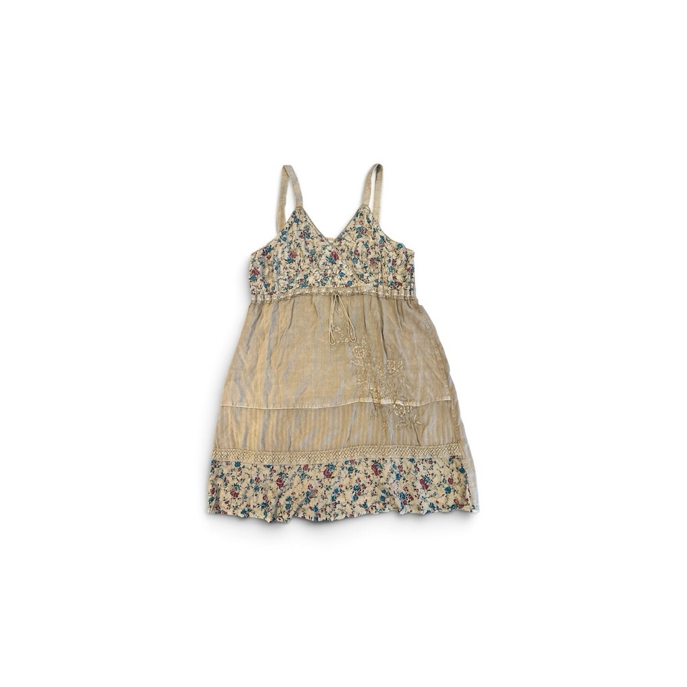 Raya Sun Dress Women Beige Sz XL Cottagecore Boho Embroidered Midi Floral Strap